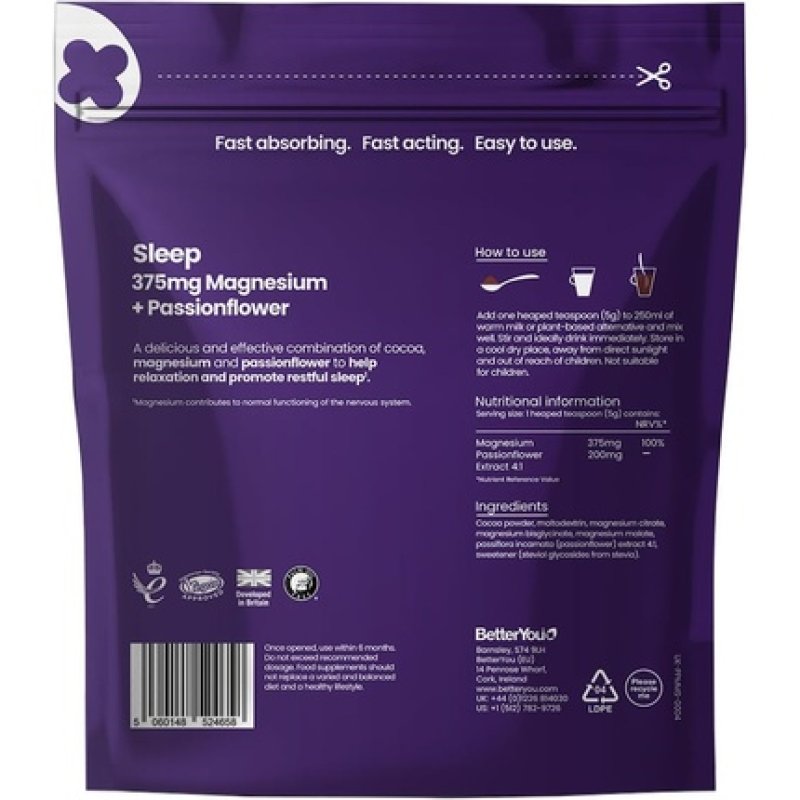 BetterYou Magnesium Glycinate Citrate and Malate Sleep Powder Supplement