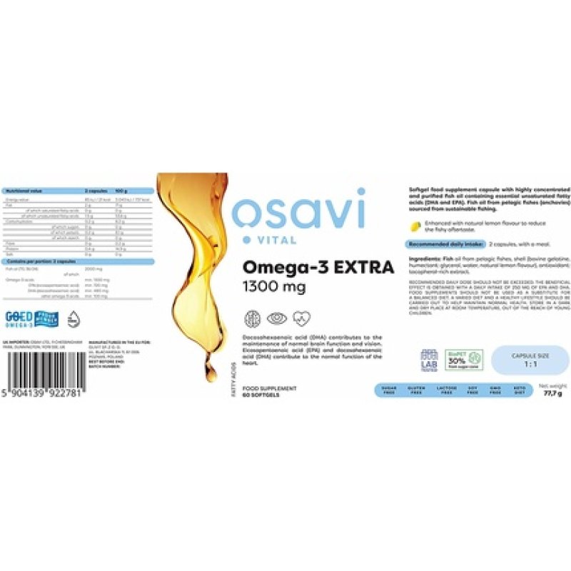 Osavi Omega-3 Extra 1300mg Lemon Softgels 60 Count