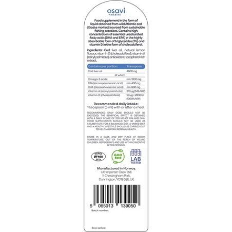 Osavi Norwegian Cod Liver Oil with D3 and 1000mg Omega 3 Lemon Flavor 250ml