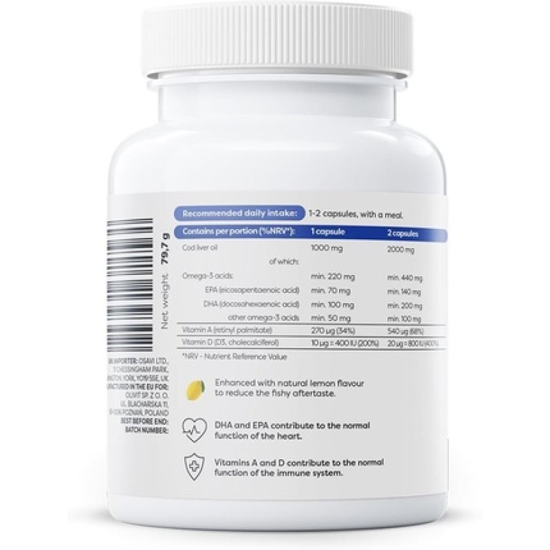 Osavi Norwegian Cod Liver Oil Softgels 1000mg Lemon