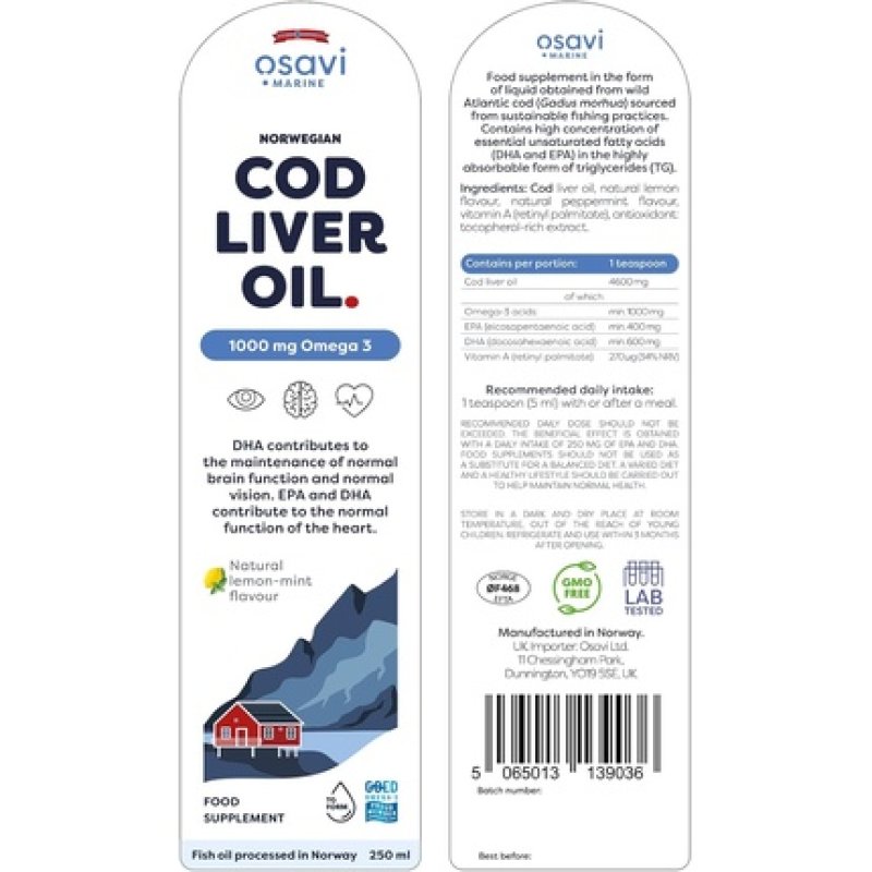 Osavi Norwegian Cod Liver Oil 1000mg Omega 3 Lemon Mint 250ml