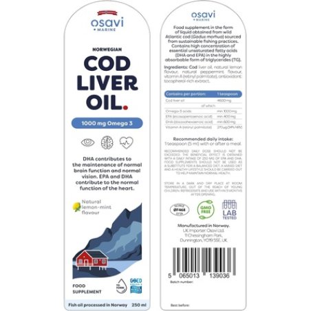 Osavi Norwegian Cod Liver Oil 1000mg Omega 3 Lemon Mint 250ml