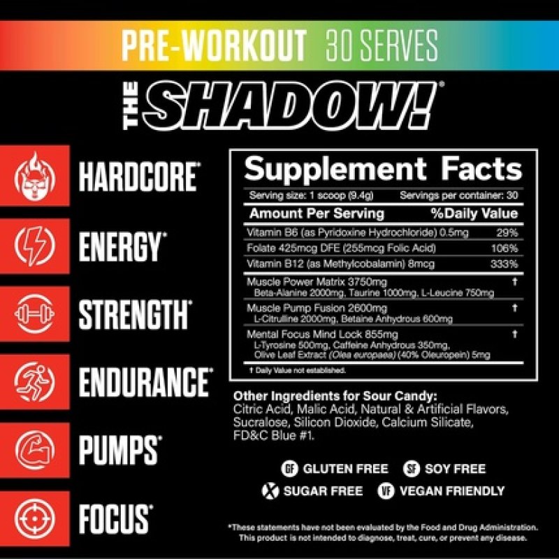 Jnx Sports The Shadow Hard Core Preworkout Sour Candy 30 Servings 350mg Caffeine