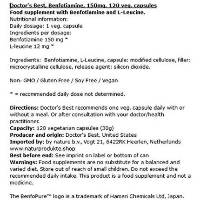 Doctor's Best Benfotiamine 150mg Vegan Capsules 120 Count Soy-Free Gluten-Free