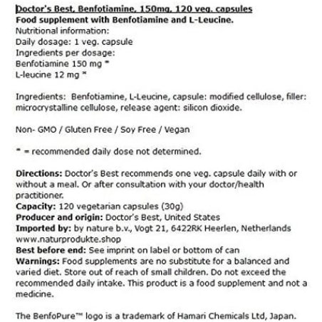 Doctor's Best Benfotiamine 150mg Vegan Capsules 120 Count Soy-Free Gluten-Free