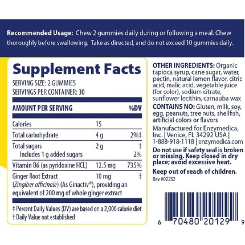 Enzymedica Ginger & Vitamin B6 Gummies for Occasional Nausea