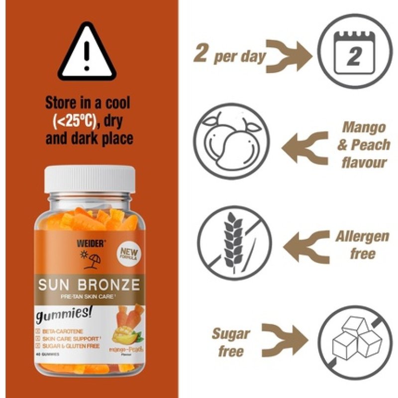 Weider Sun Bronze Gummies 40 Gums Mango Peach Flavor with Beta