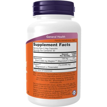 NOW Magtein Patented Magnesium Cognitive Support 90 Veg Capsules