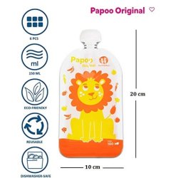 Petite&Mars Reusable Food Bags for Kids Papoo Original 6 Pieces Lion