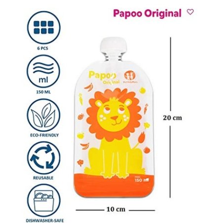 Petite&Mars Reusable Food Bags for Kids Papoo Original 6 Pieces Lion
