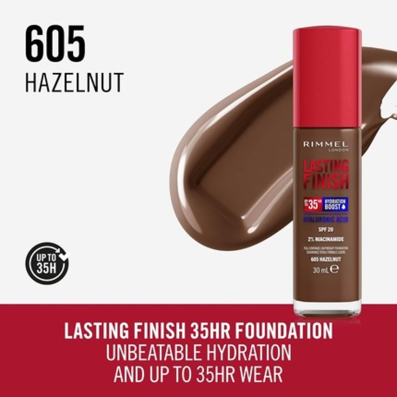 Rimmel Lasting Finish 35hr Foundation 605 Hazelnut Full Coverage Hydrating