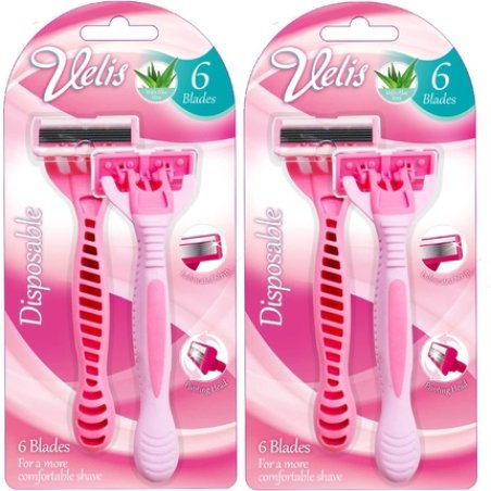 Velis Women's Six Blade Razor with Rubber Handles and Textured Grips 4 Pack