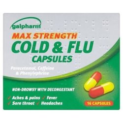 Galpharm Max Strength Cold & Flu Capsules Paracetmol Caffeine Phenylephrn 16 Capsules
