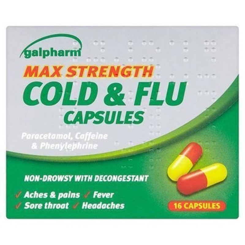Galpharm Max Strength Cold & Flu Capsules Paracetmol Caffeine Phenylephrn 16 Capsules