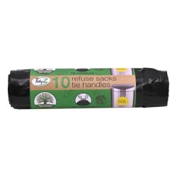 Tidyz- 10 Pack Refuse Sacks With Handle, Black Bin Bags 50l 100% Recycled