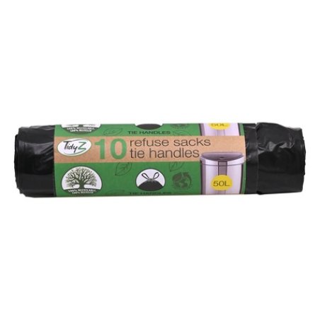 Tidyz- 10 Pack Refuse Sacks With Handle, Black Bin Bags 50l 100% Recycled
