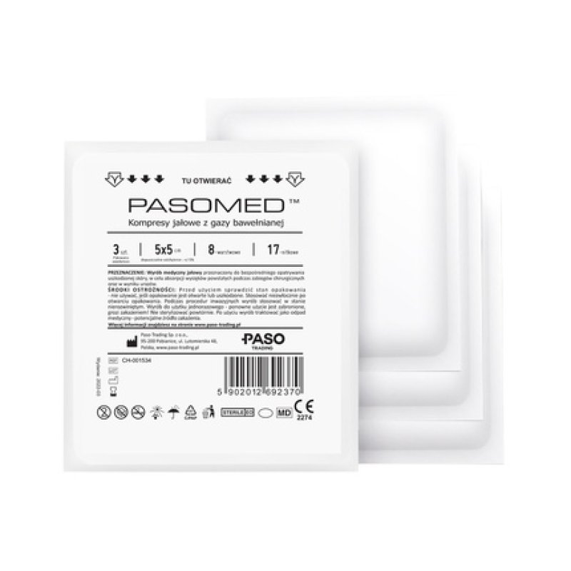 Pasomed 17-Threaded Sterile Compresses - 8 Layers, 5x5 Cm, 3 Pieces