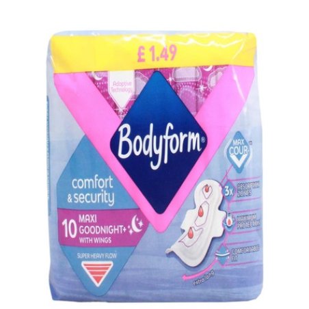 Bodyform Maxi Sanitary Towels Night With Wings - 10 Count