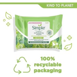 Simple Kind to Skin Exfoliating Biodegradable Facial Wipes for Sensitive Skin 20 Wipes