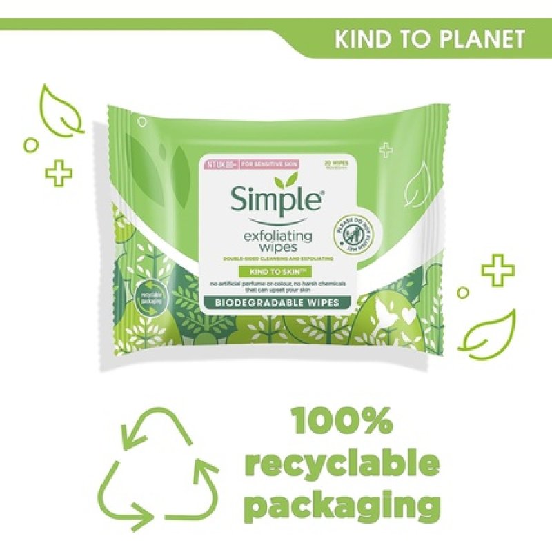 Simple Kind to Skin Exfoliating Biodegradable Facial Wipes for Sensitive Skin 20 Wipes