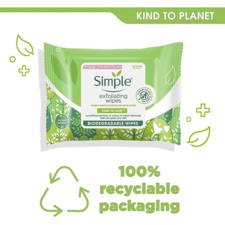 Simple Kind to Skin Exfoliating Biodegradable Facial Wipes for Sensitive Skin 20 Wipes
