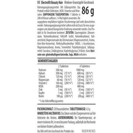 Activlab ElectroVit Beauty Hair Raspberry Pomegranate 20 Effervescent Tablets with Electrolytes MSM Vitamin C Biotin