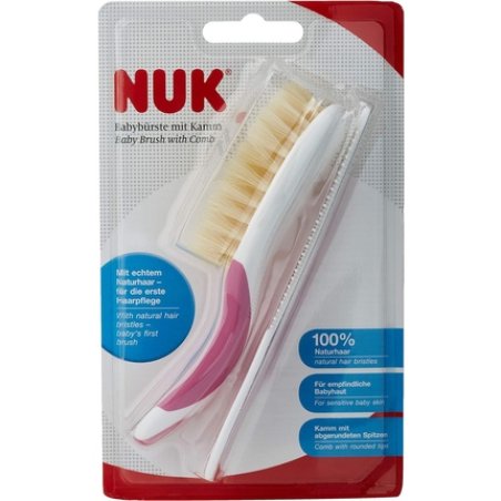 NUK Baby Brush 100% Natural Hair with Rounded Tip Comb Pink