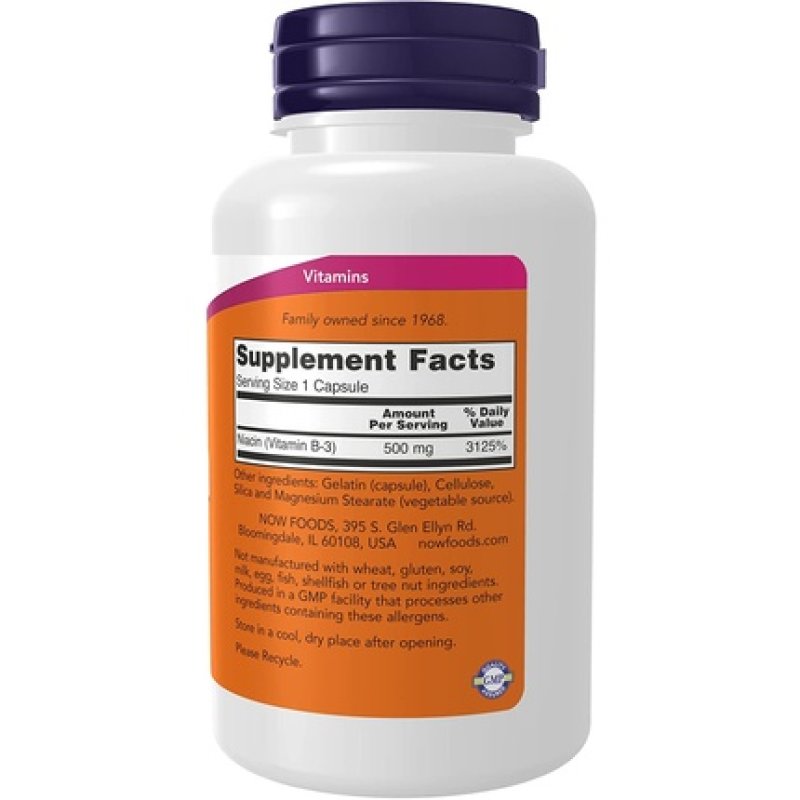 NOW Supplements Niacin Vitamin B-3 500mg Essential B-Group Vitamin 100 Capsules
