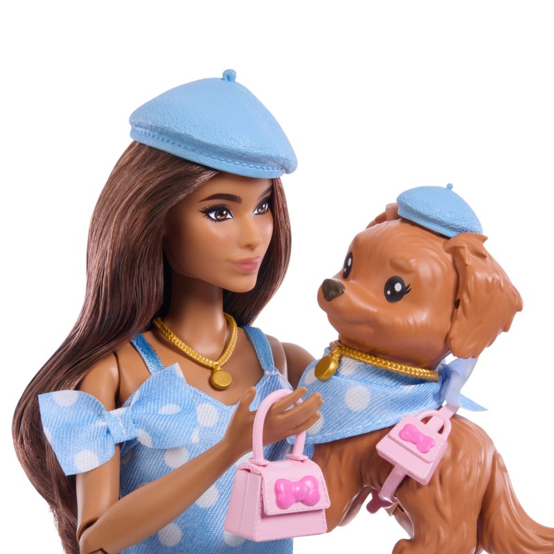 Barbie Twinning Looks Fashion Doll with Pet Dog, Matching Blue Clothes & Accessories, Brunette