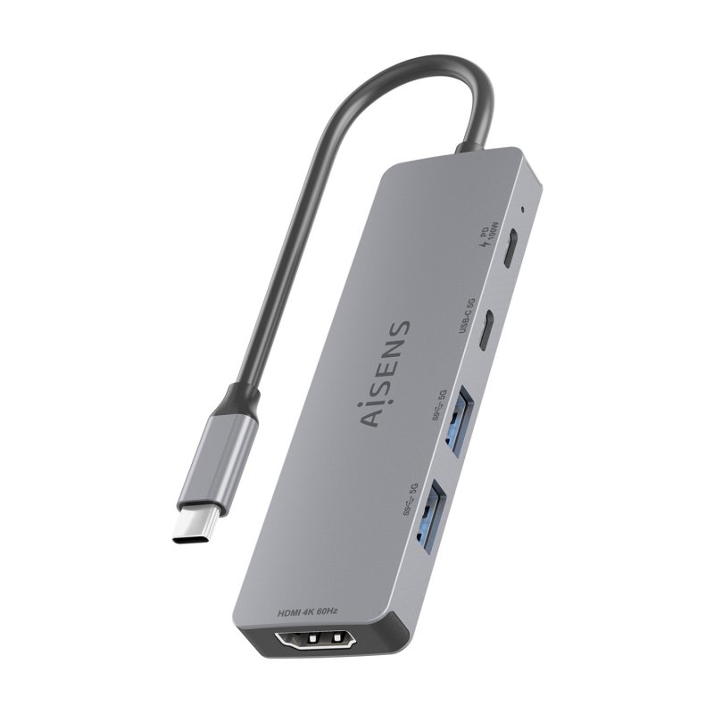 USB-C DOCK AISENS 5 EN 1 HDMI 2XUSB-A USB-C USB-C PD GRIS 15CM