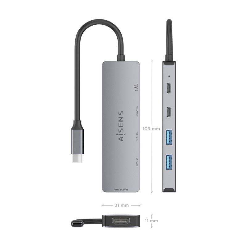AISENS ASUC-5P028-GR station d'accueil Avec fil USB 3.2 Gen 1 (3.1 Gen 1) Type-C Gris