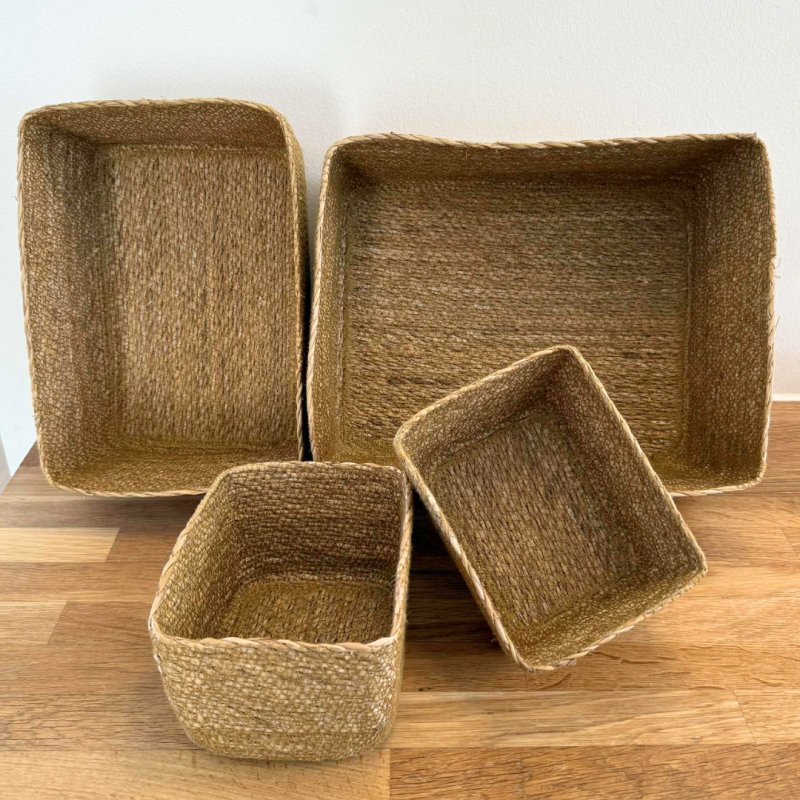 Olsen Home - Basket in Seagrass - 4 pcs - Large: 30 × 14 × 26 cm, Medium: 28 × 13 × 19 cm, Small (2): 15.5 × 10 ×