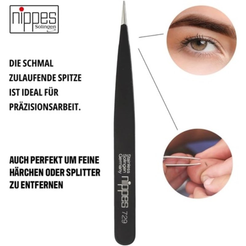 Nippes Solingen 729 Tweezers with Narrow Fine Tip Stainless Steel Black 95