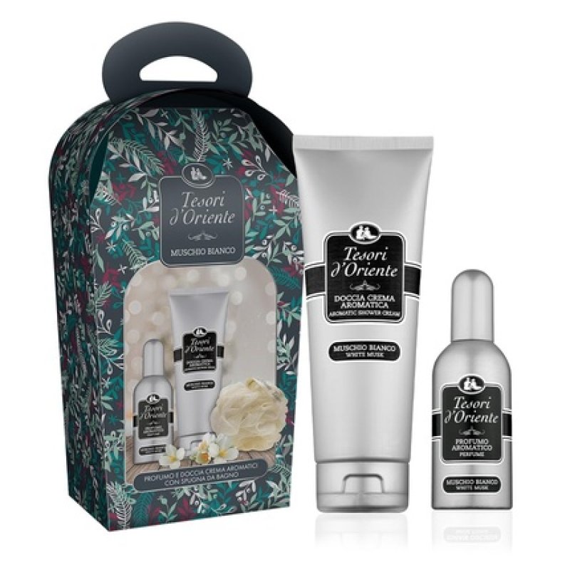 Tesori d'Oriente White Musk Gift Set with Shower Cream 250ml and Aromatic Scent 100ml Including Sponge Scented Talc