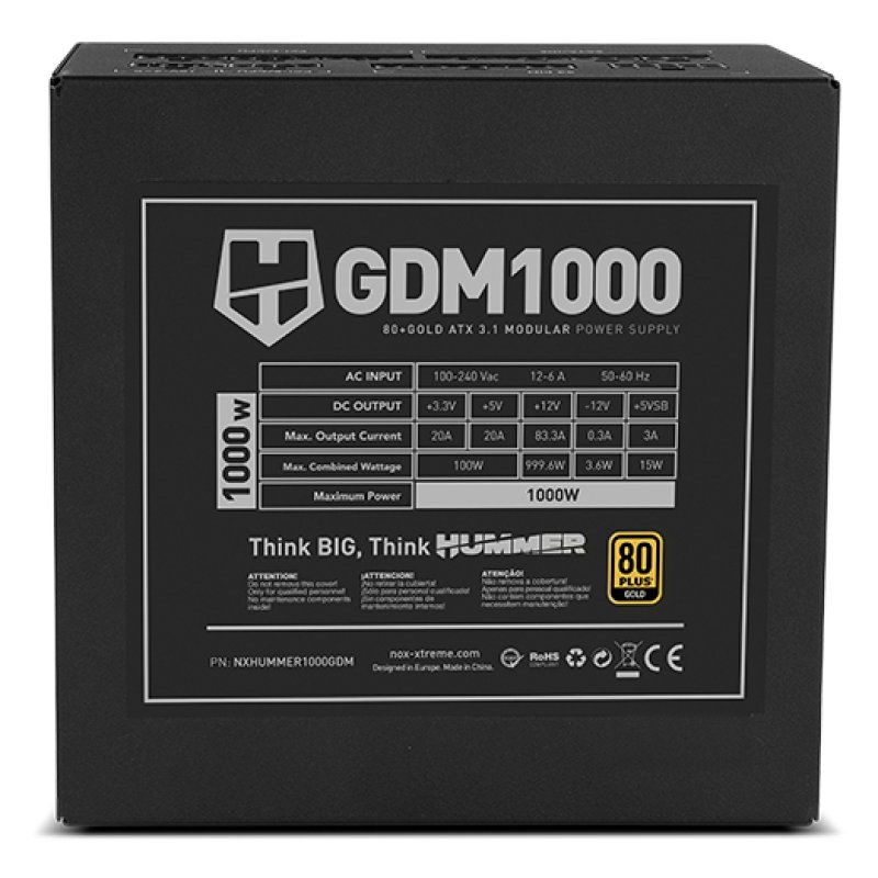 NOX Hummer GDM 1000W GOLD unité d'alimentation d'énergie 20 4 pin ATX ATX Noir