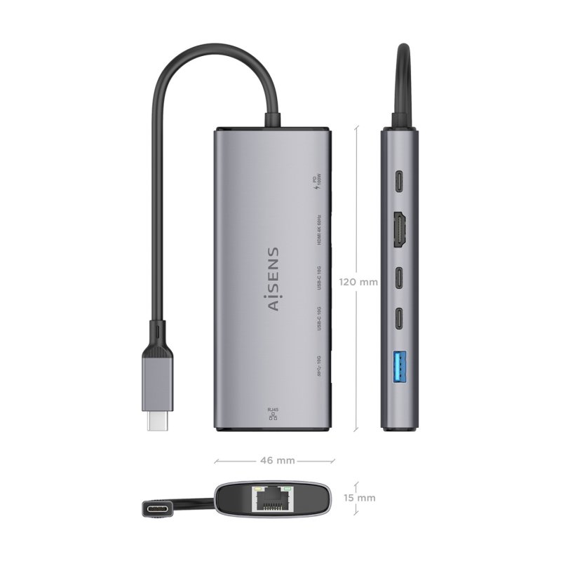 USB-C DOCK AISENS 6 EN 1 HDMI RJ45 USB-A 10G 2XUSB-C 10G USB-C PD 20CM