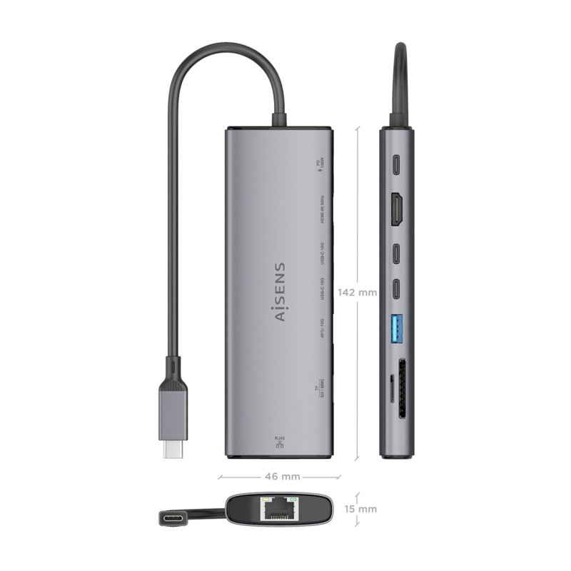 AISENS ASUC-8P033-GR station d'accueil Avec fil USB 3.2 Gen 1 (3.1 Gen 1) Type-C Gris