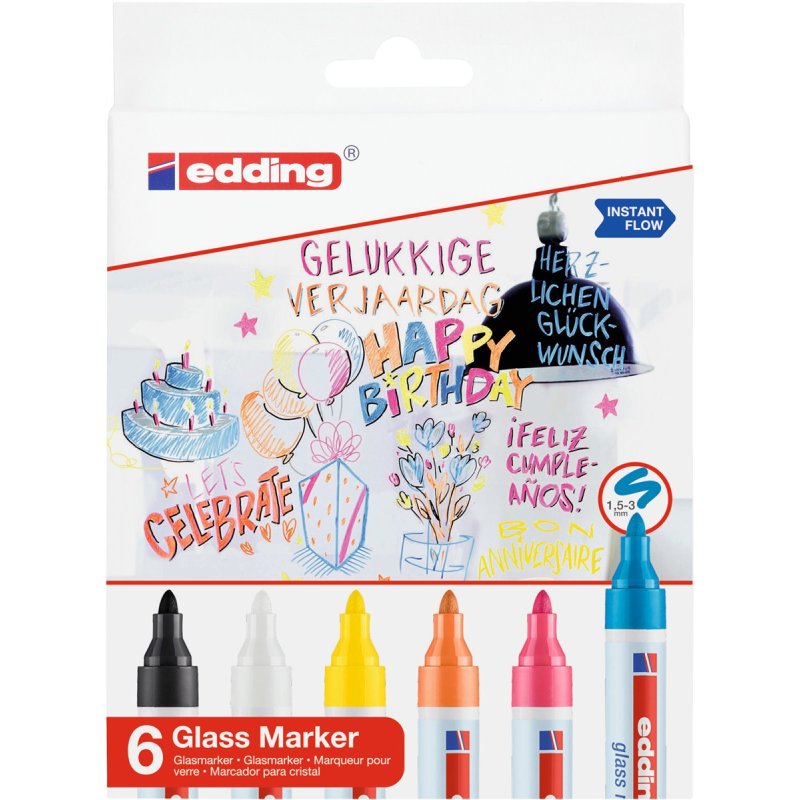 Edding 95 Glass marker 6 pc(s) Bullet tip Black, Blue, Orange, Pink, White, Yellow