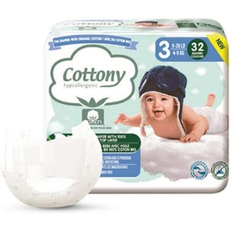 Cottony Diapers With Organic Cotton, 32 Diapers, Size 3 4-9 Kg