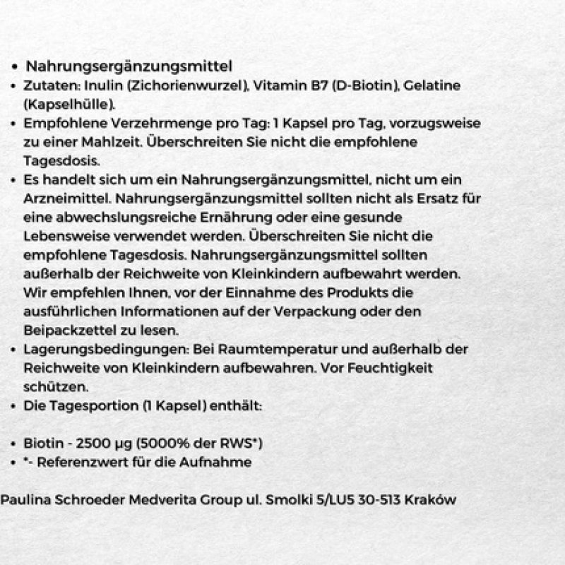 MEDVERITA Biotin 2500ug Vitamin B7 D-Biotin Healthy Hair and Skin Supplement 180 Capsules