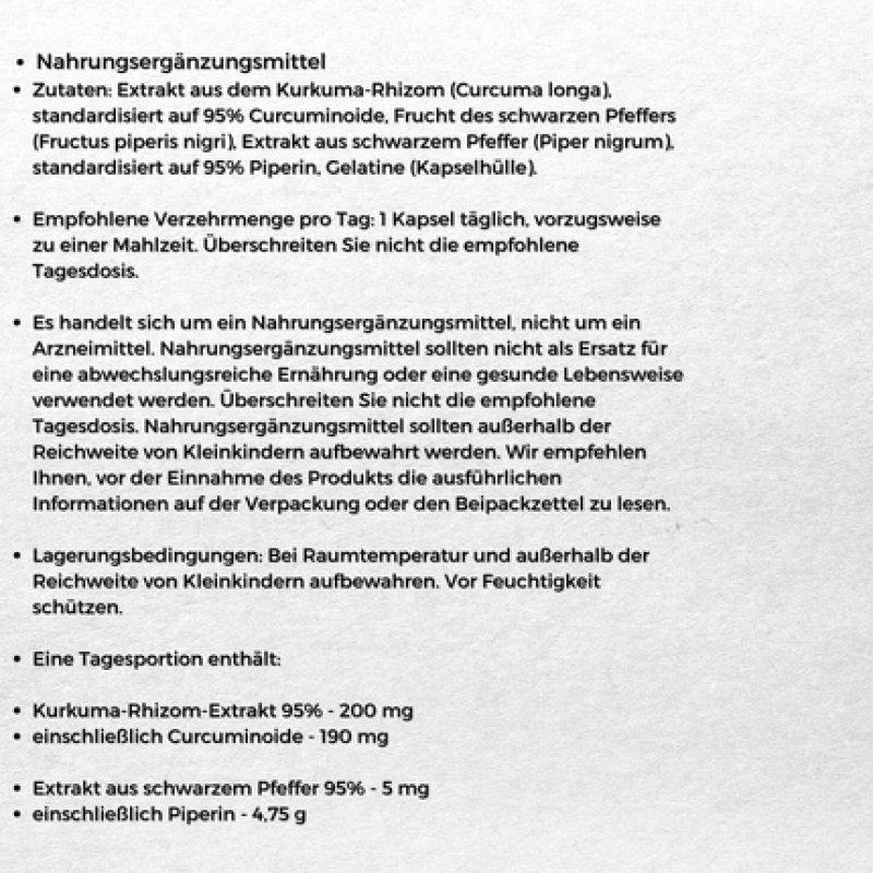 Curcumin Piperine Dietary Supplement with Plant Extracts 1 Capsule