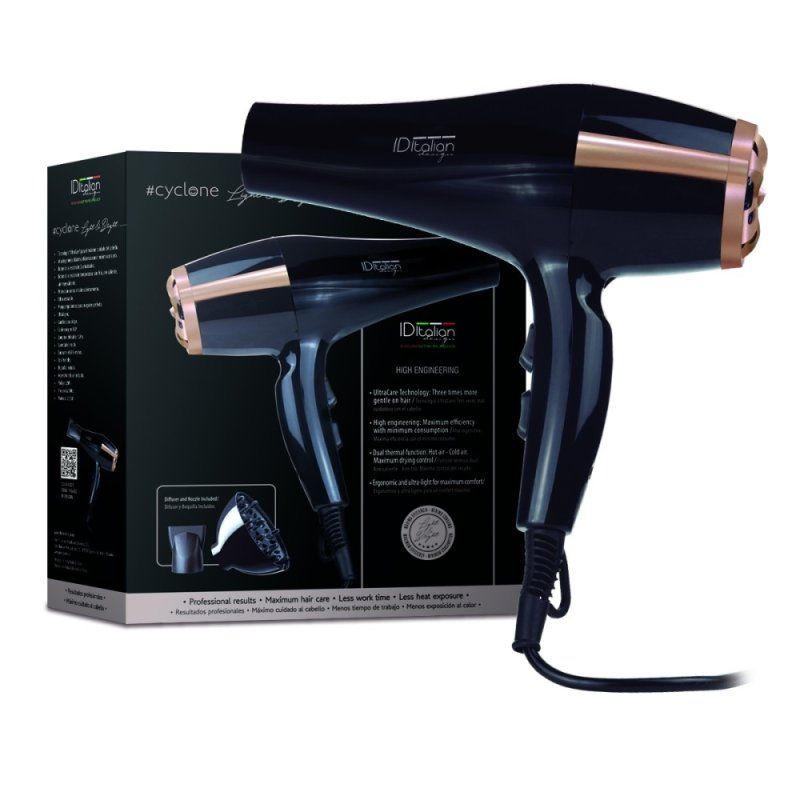 Italian Design Cyclone Air Tech 2300W Light and Brigth sèche-cheveux Noir, Or