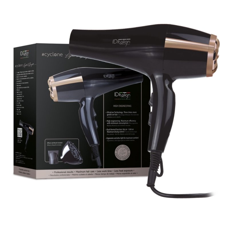 Italian Design Cyclone Air Tech 2300W Light and Brigth hair dryer Black, Gold