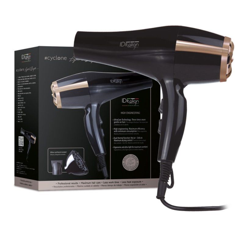 Italian Design Cyclone Air Tech 2300W Light and Brigth sèche-cheveux Noir, Or