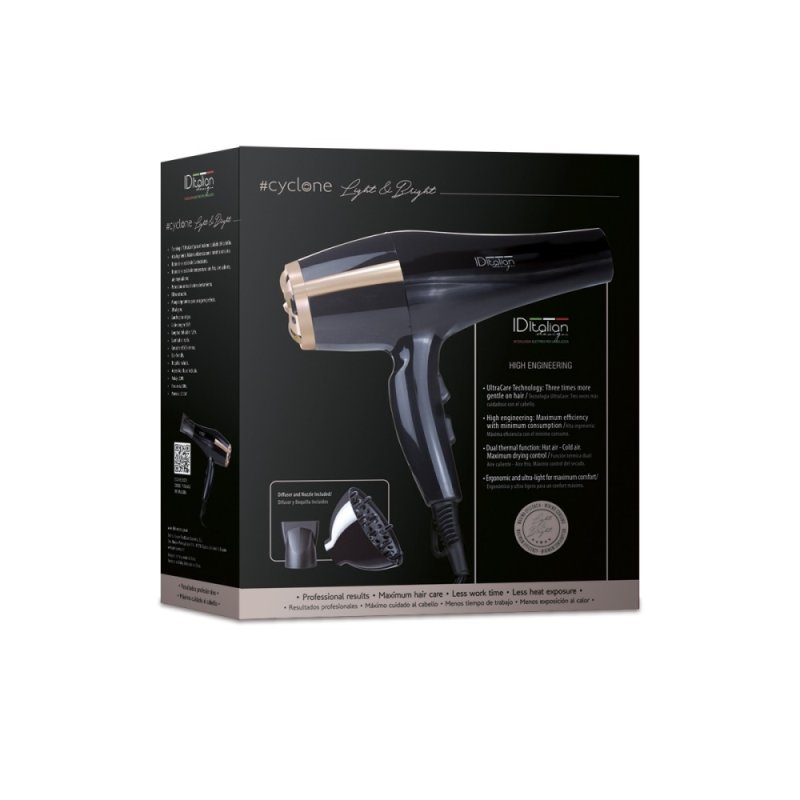 Italian Design Cyclone Air Tech 2300W Light and Brigth hair dryer Black, Gold
