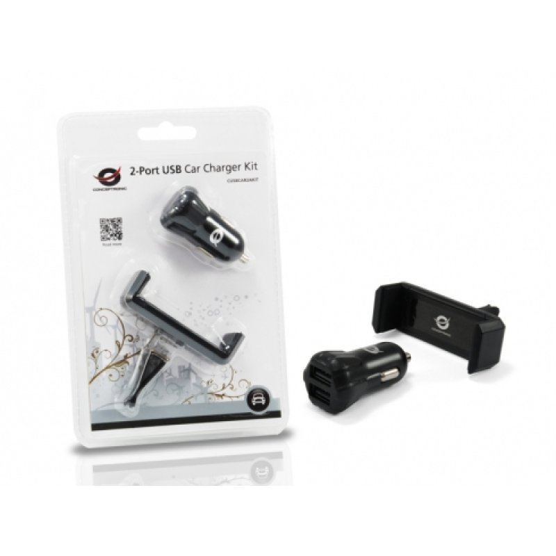 CONCEPTRONIC KFZ-Ladegerät 2-Port 2xUSB-A Halter 10W sw