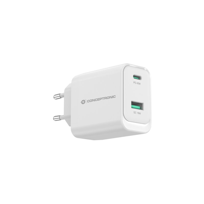 Conceptronic ALTHEA20W45 2-Port 45W GaN USB PD Charger, USB-C x 1, USB-A x 1, QC 3.0, PPS, PD 3.0