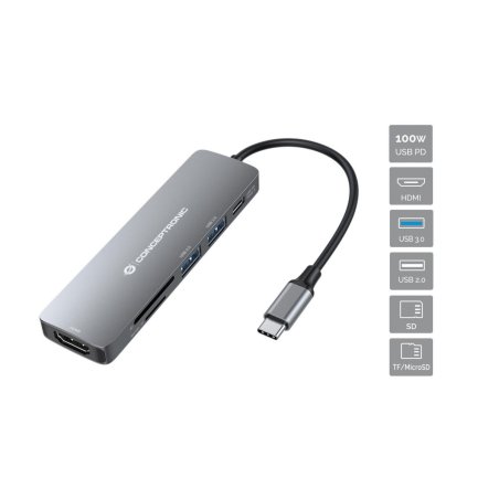 Conceptronic DONN11G 6-in-1 USB 3.2 Gen 1 Docking Station, HDMI, 100W USB PD, USB 3.0, USB 2.0, SD, TF/MicroSD