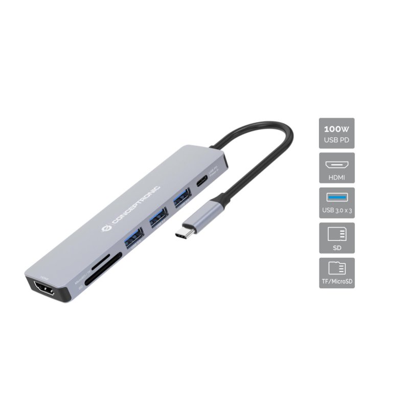 CONCEPTRONIC 7-1 Dock USB-C-HDMI/3xUSB-A/SD/TF/ 25cm gr