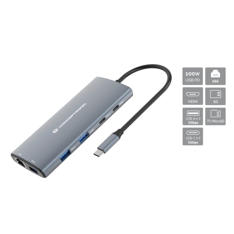 Conceptronic DONN06G 10-in-1 USB 3.2 Gen 1 Docking Station, HDMI, 100W USB PD, USB-C 5Gbps x 2, USB-A 5Gbps x 3, SD,